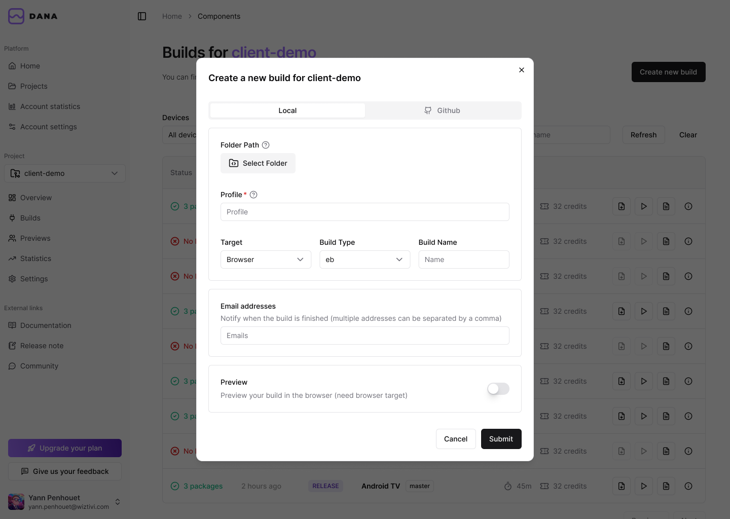 Dana platform build dashboard hover state